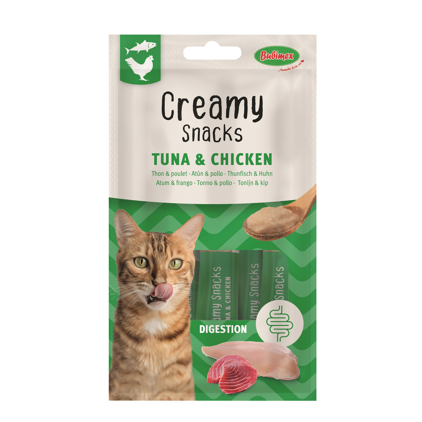Snack cremoso Atún y Pollo para mejorar la digestión de tu gato 4 uds